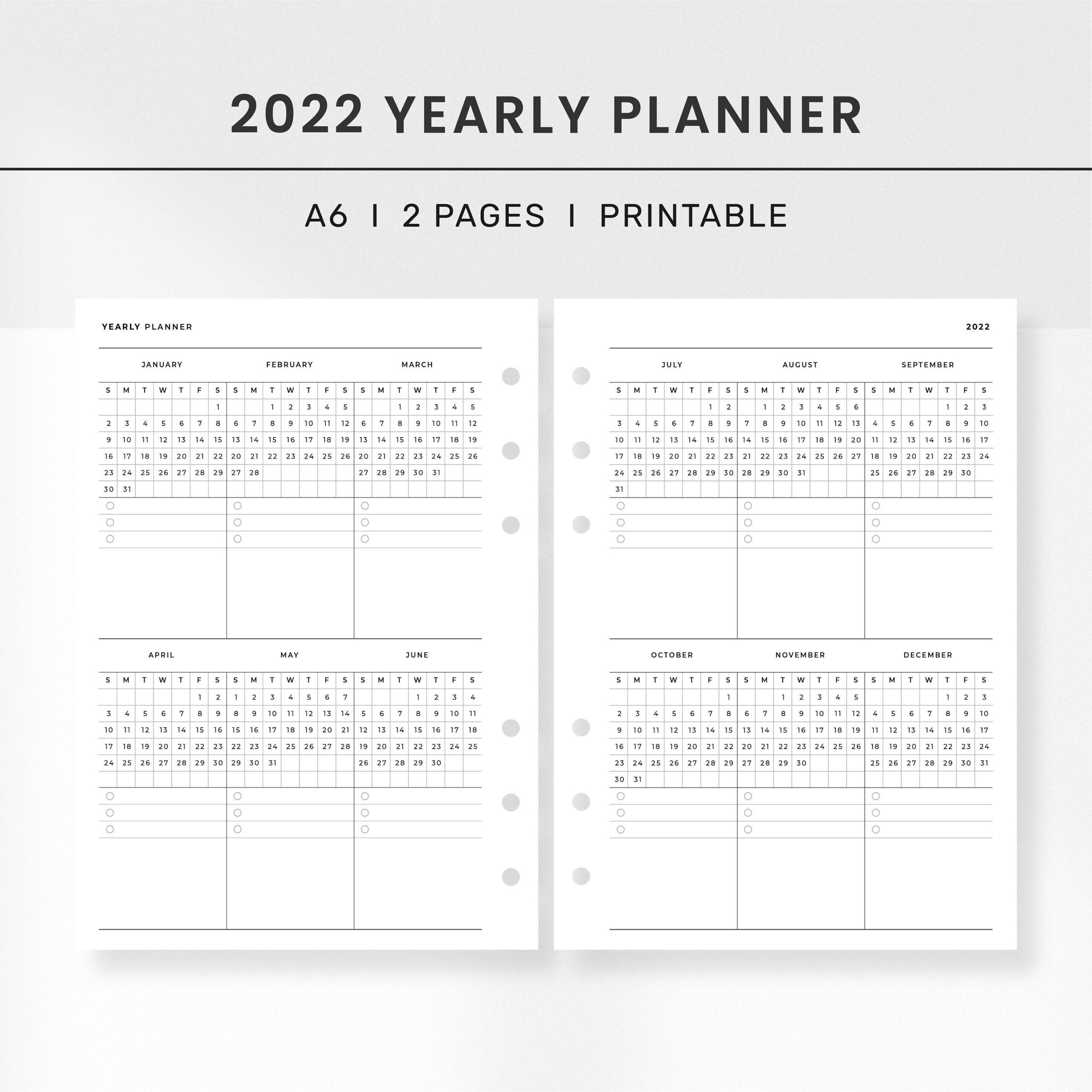 2022 Year Calendar Printable A6 2 Pages L Yearly Checklist Etsy