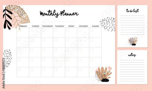 Cute Monthly Planner With Flowers To Do List Notes Printable Vector 