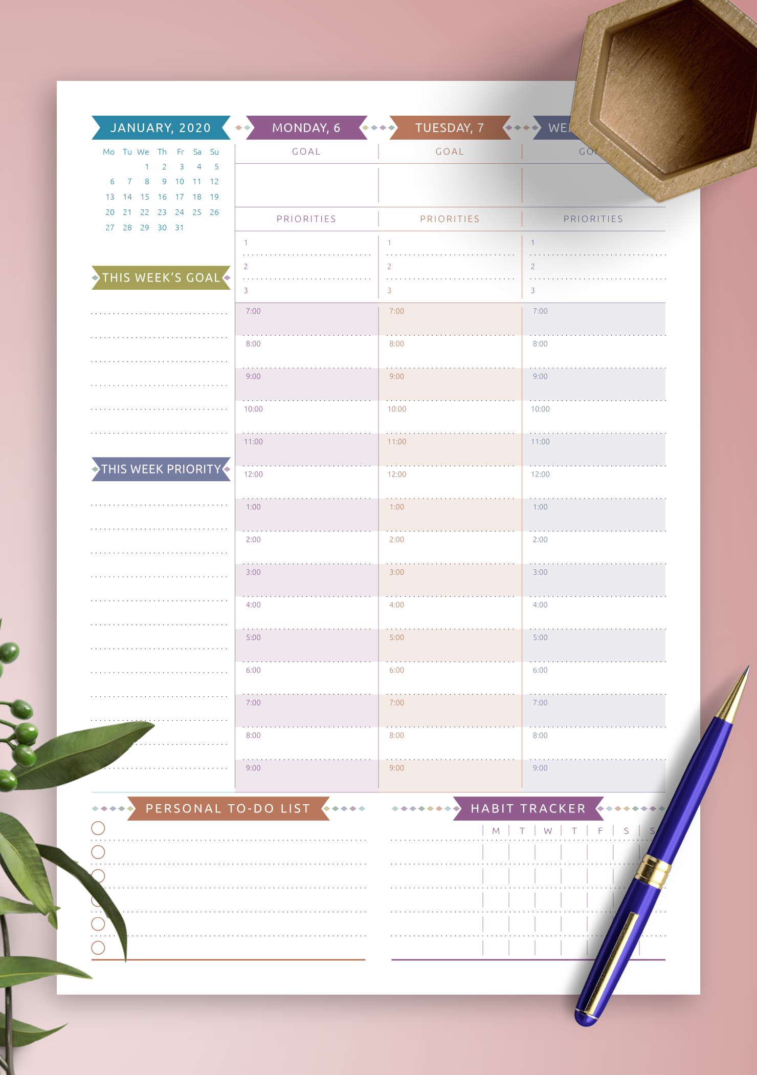 Download Printable Dated Weekly Planner Casual Style PDF
