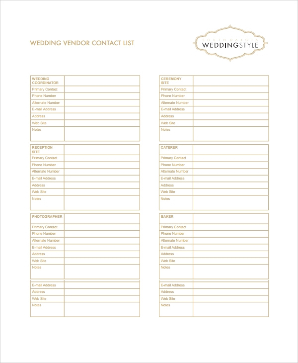 Editable Printable Wedding Vendor List