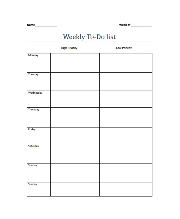 Weekly To Do List Calendar Printable