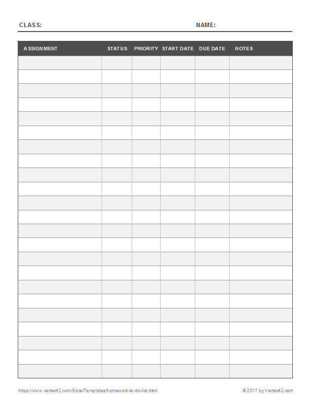 Free Printable Homework To Do List PDF From Vertex42 Homework 