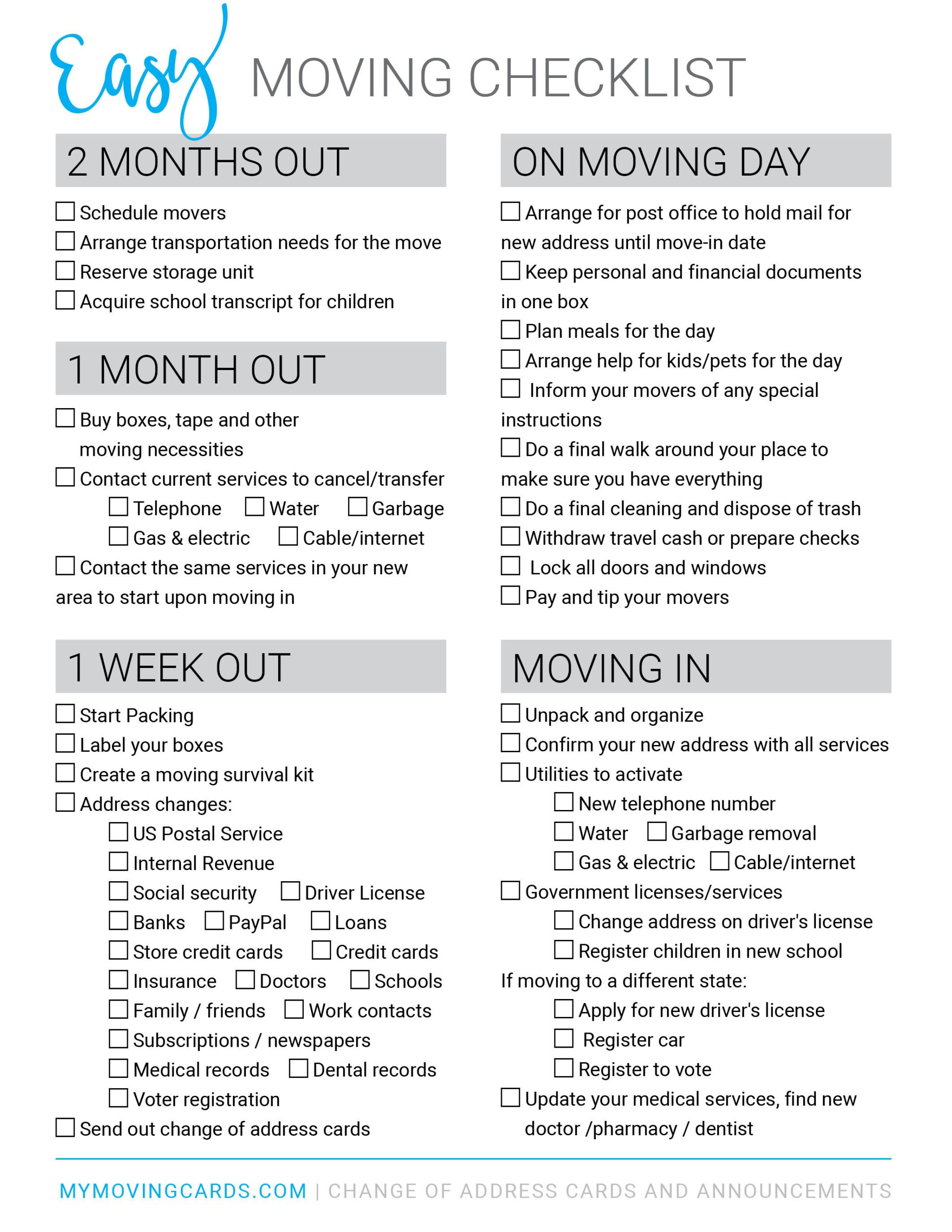 Free Printable Moving Checklist Personalized Moving Cards Moving 
