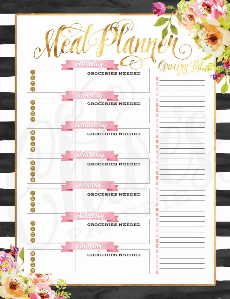 Printable Black White Floral Weekly Meal Planner For Happy Etsy
