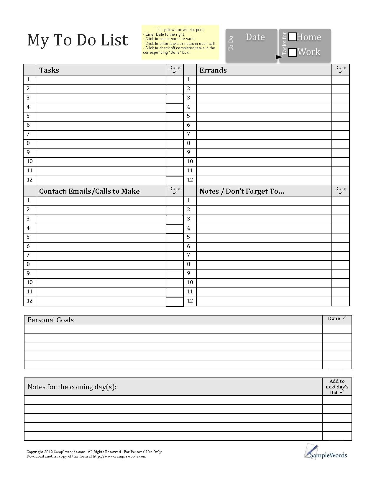 Printable To Do List Forms