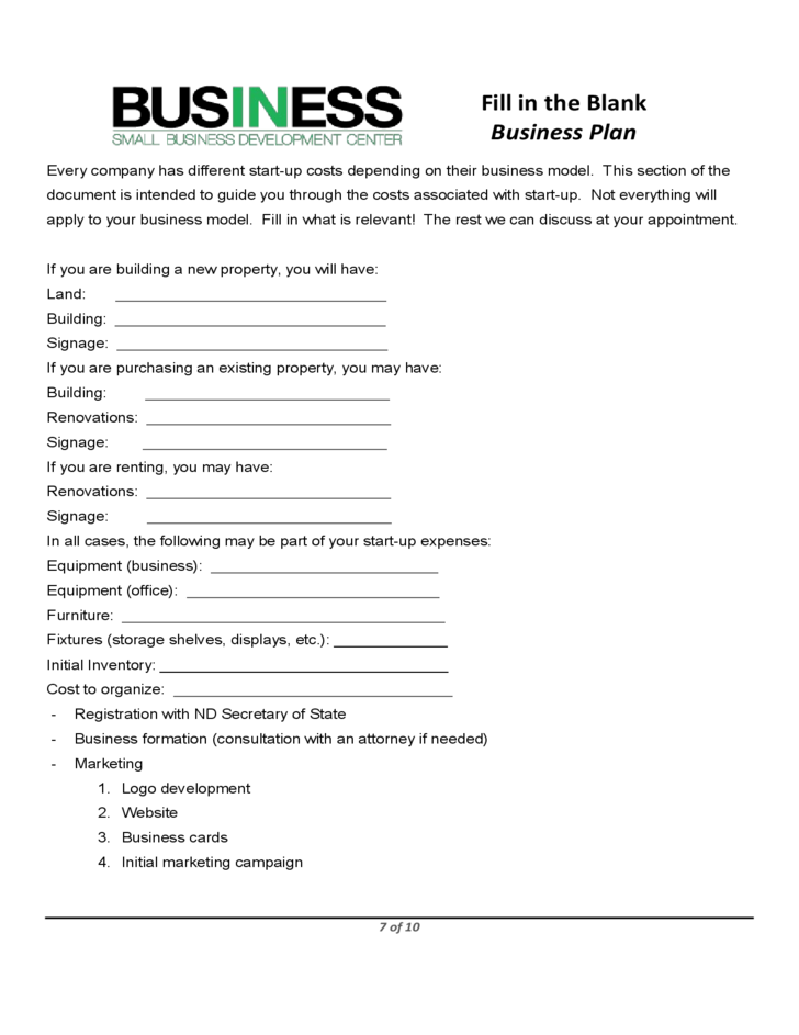 SBA Blank Business Plan Form Free Download