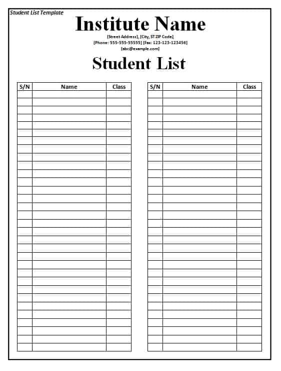 Student List Template Free Formats Excel Word