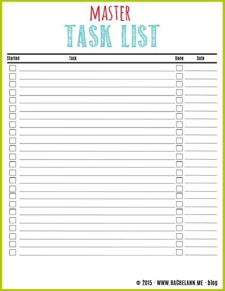 This Printable Master Task List Has A Check Mark Box For When You Start 
