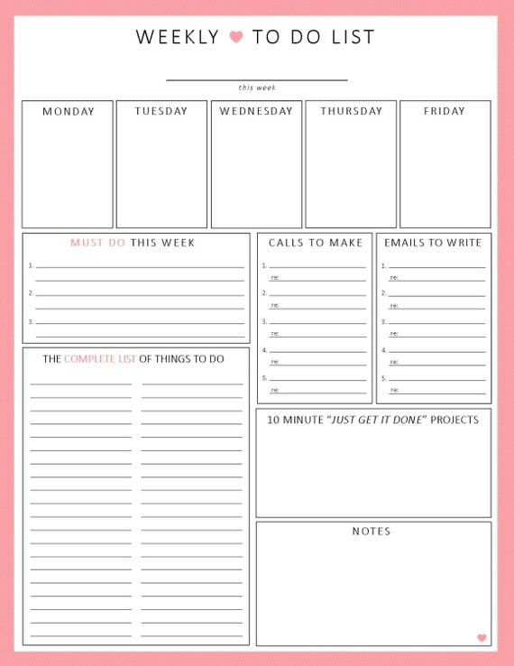 WEEKLY To Do List 1 sheet PRINTable Organization By ShePlans